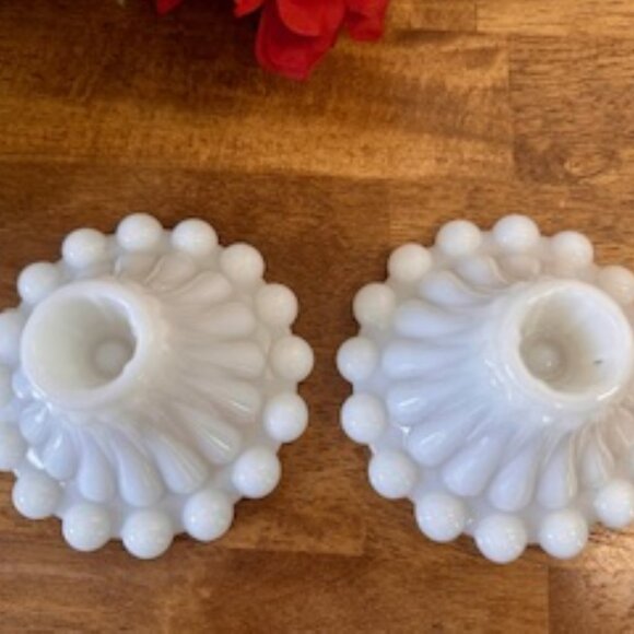 Vintage Anchor Hocking Milk Glass Boopie Candle Holders MCM Charm Beaded Base - Picture 4 of 5